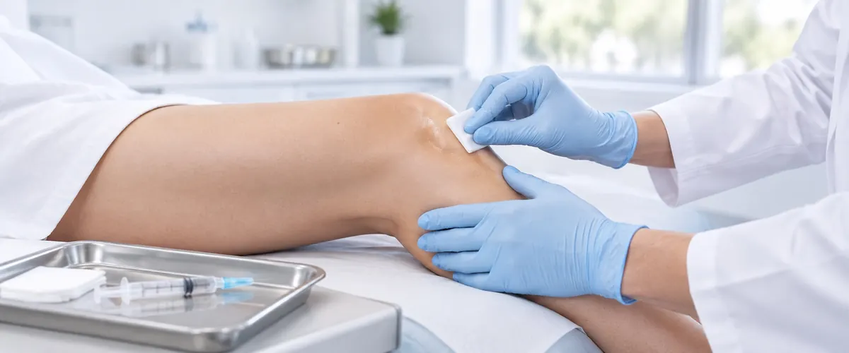 Mãos com luvas fazendo a antissepsia do joelho antes de uma infiltração